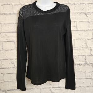 Elie Tahari Top Womens Size Medium Black 100% Extra Fine Merino Long Sleeve Lace